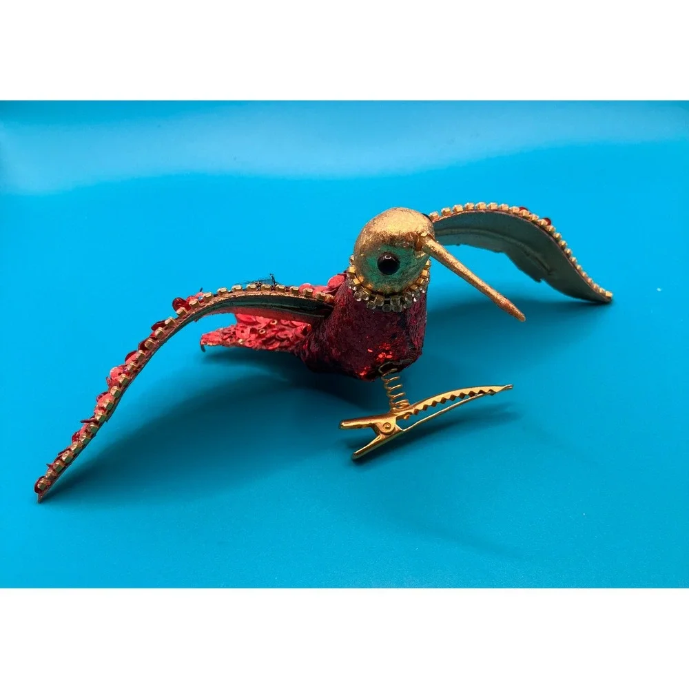 Pier 1 Hummingbird Ornament OS Red Gold Sequin Beaded Clip On Vintage